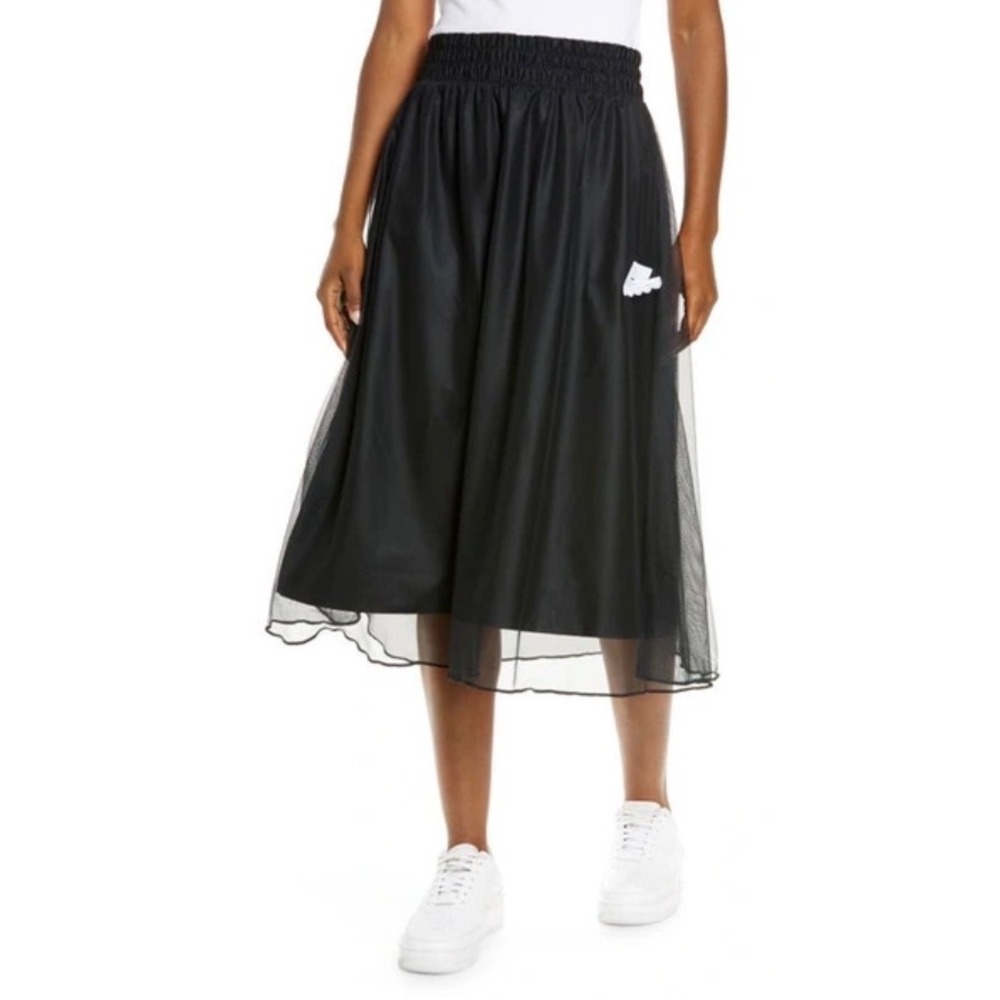 Nike Women's Large Midi Skirt Black Layered Mesh Lace Swoosh Logo Collegiate NEW